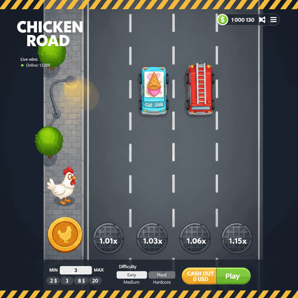 Chicken Road crash game interface showing cartoon chicken character on urban sidewalk preparing to cross multi-lane road with traffic and multiplier values displayed on manhole covers